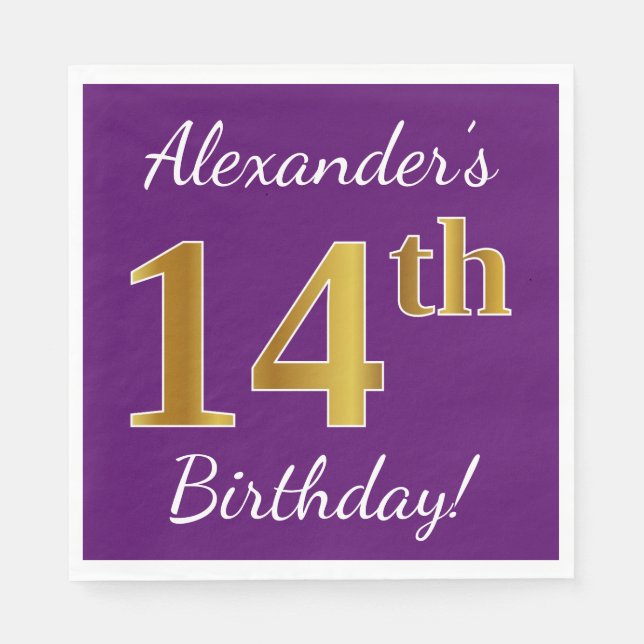 Purple, Faux Gold 14th Birthday + Custom Name Paper Napkins (Front)