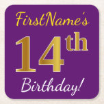 [ Thumbnail: Purple, Faux Gold 14th Birthday + Custom Name Paper Coaster ]