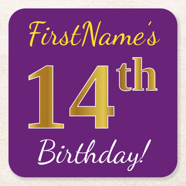 Purple, Faux Gold 14th Birthday + Custom Name Square Paper Coaster (Front)