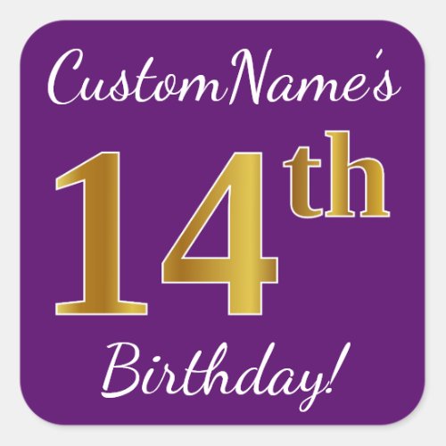 Purple Faux Gold 14th Birthday  Custom Name Square Sticker