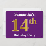 [ Thumbnail: Purple, Faux Gold 14th Birthday Party; Custom Name Invitation ]