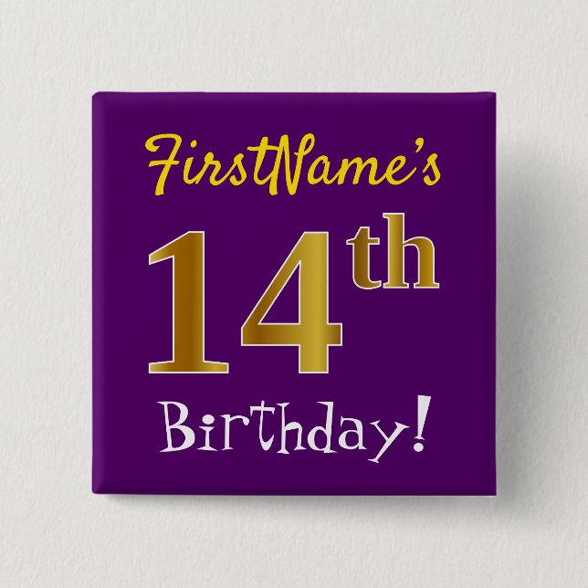 Purple, Faux Gold 14th Birthday, With Custom Name Pinback Button (Front)
