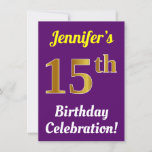 [ Thumbnail: Purple, Faux Gold 15th Birthday Celebration + Name Invitation ]