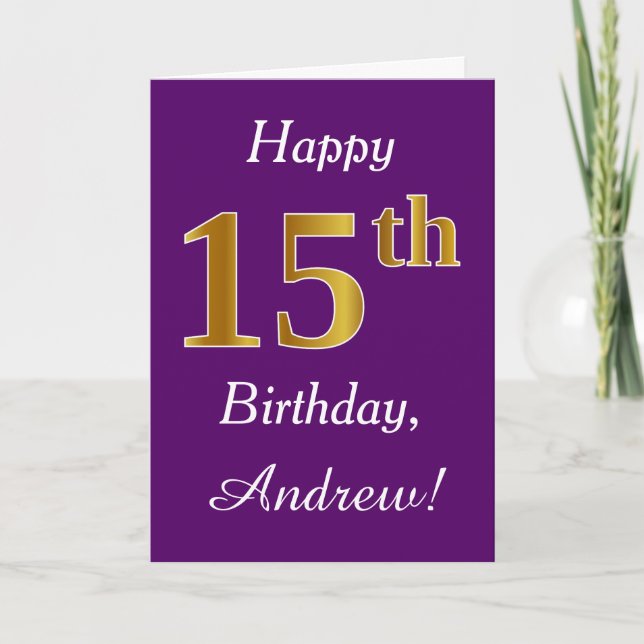Purple, Faux Gold 15th Birthday + Custom Name Card (Front)