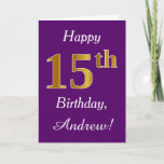 [ Thumbnail: Purple, Faux Gold 15th Birthday + Custom Name Card ]