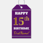 [ Thumbnail: Purple, Faux Gold 15th Birthday + Custom Name Gift Tags ]