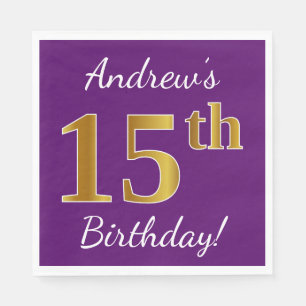 Purple, Faux Gold 15th Birthday + Custom Name Napkins