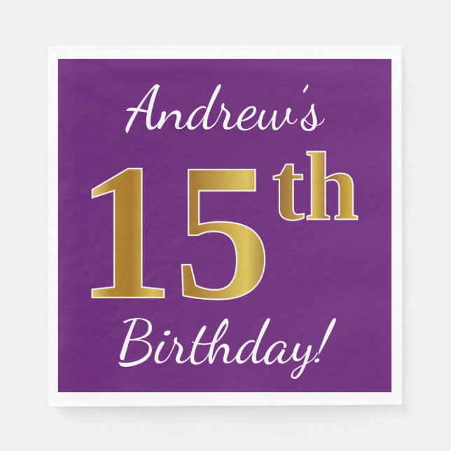 Purple, Faux Gold 15th Birthday + Custom Name Napkins (Front)