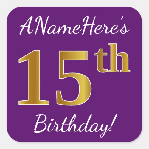 Purple Faux Gold 15th Birthday  Custom Name Square Sticker