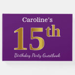 [ Thumbnail: Purple, Faux Gold 15th Birthday Party; Custom Name Guest Book ]