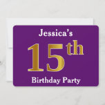 [ Thumbnail: Purple, Faux Gold 15th Birthday Party; Custom Name Invitation ]