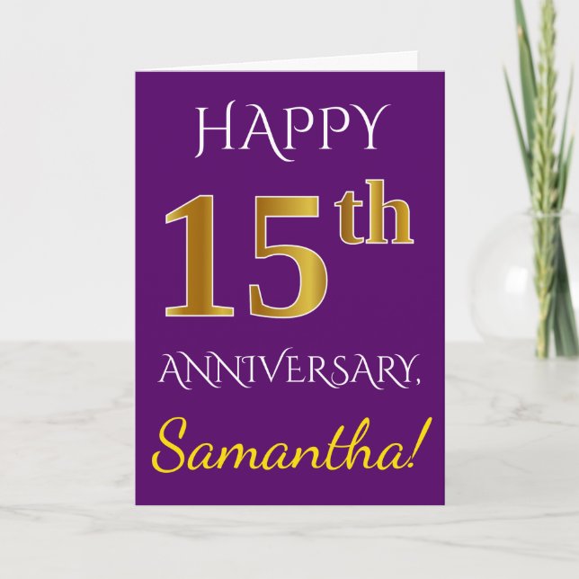 Purple, Faux Gold 15th Wedding Anniversary + Name Card (Front)