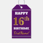 [ Thumbnail: Purple, Faux Gold 16th Birthday + Custom Name Gift Tags ]