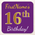 [ Thumbnail: Purple, Faux Gold 16th Birthday + Custom Name Paper Coaster ]