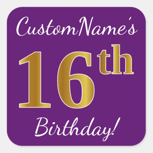 Purple Faux Gold 16th Birthday  Custom Name Square Sticker