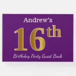 [ Thumbnail: Purple, Faux Gold 16th Birthday Party; Custom Name Guest Book ]
