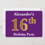 [ Thumbnail: Purple, Faux Gold 16th Birthday Party; Custom Name Invitation ]