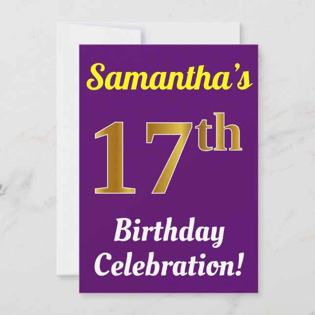 Purple, Faux Gold 17th Birthday Celebration + Name Invitation (Front)