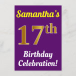 [ Thumbnail: Purple, Faux Gold 17th Birthday Celebration + Name Invitation ]