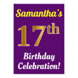 [ Thumbnail: Purple, Faux Gold 17th Birthday Celebration + Name Invitation ]