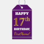 [ Thumbnail: Purple, Faux Gold 17th Birthday + Custom Name Gift Tags ]