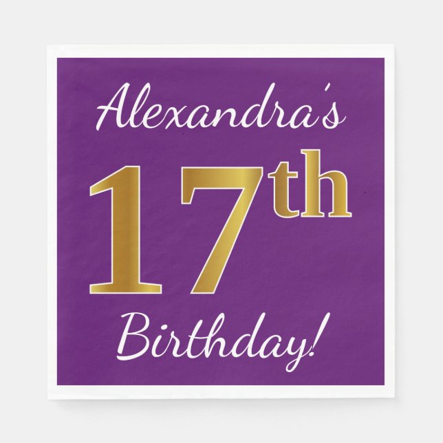 Purple, Faux Gold 17th Birthday + Custom Name Paper Napkins (Front)