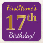 [ Thumbnail: Purple, Faux Gold 17th Birthday + Custom Name Paper Coaster ]