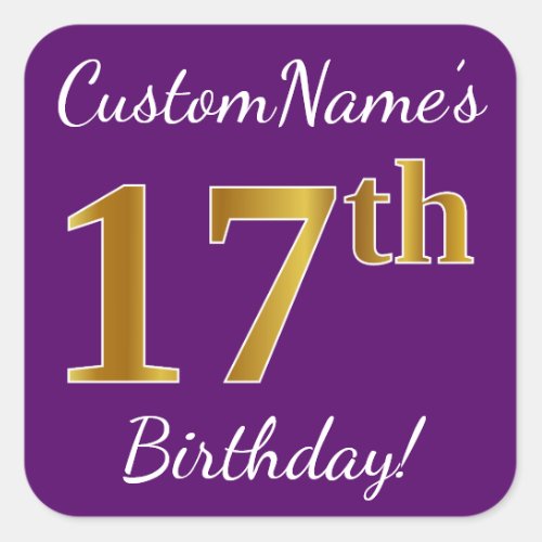 Purple Faux Gold 17th Birthday  Custom Name Square Sticker