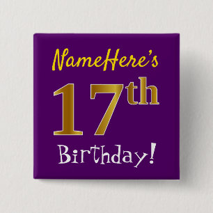 Purple, Faux Gold 17th Birthday, With Custom Name Button