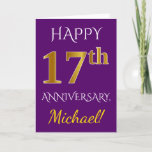 [ Thumbnail: Purple, Faux Gold 17th Wedding Anniversary + Name Card ]