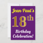 [ Thumbnail: Purple, Faux Gold 18th Birthday Celebration + Name Invitation ]