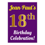 [ Thumbnail: Purple, Faux Gold 18th Birthday Celebration + Name Invitation ]