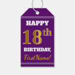 [ Thumbnail: Purple, Faux Gold 18th Birthday + Custom Name Gift Tags ]