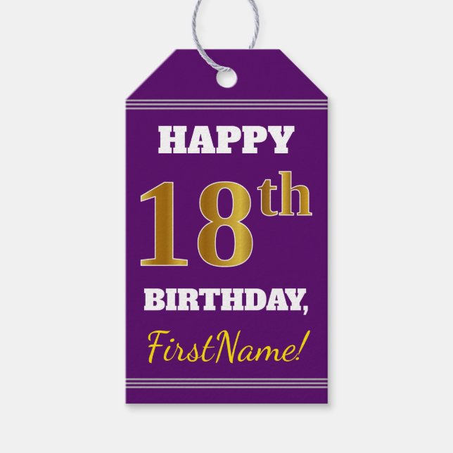Purple, Faux Gold 18th Birthday + Custom Name Gift Tags (Front)