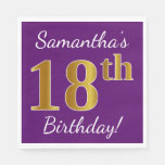 [ Thumbnail: Purple, Faux Gold 18th Birthday + Custom Name Paper Napkin ]