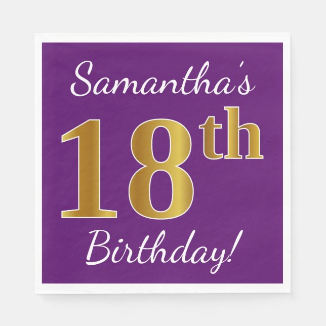 Purple, Faux Gold 18th Birthday + Custom Name Paper Napkins (Front)