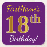 [ Thumbnail: Purple, Faux Gold 18th Birthday + Custom Name Paper Coaster ]
