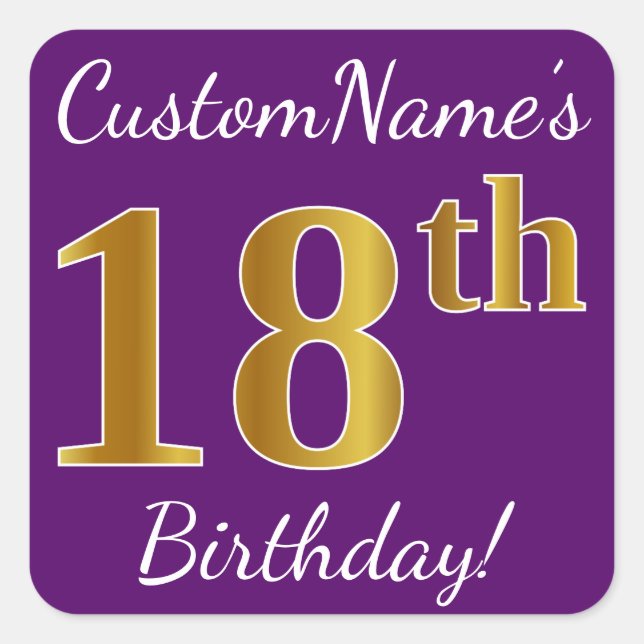 Purple, Faux Gold 18th Birthday + Custom Name Square Sticker (Front)