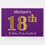 [ Thumbnail: Purple, Faux Gold 18th Birthday Party; Custom Name Guest Book ]