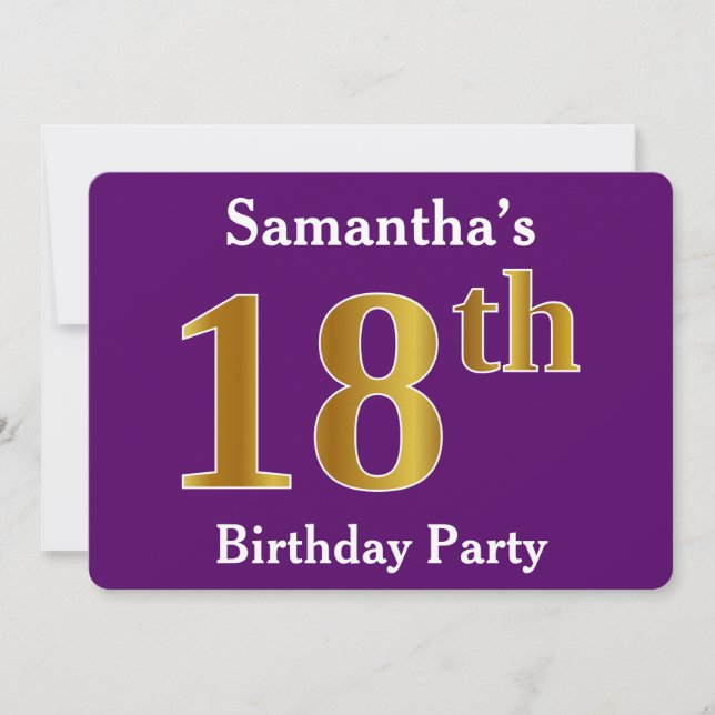 Purple, Faux Gold 18th Birthday Party; Custom Name Invitation (Front)