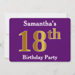[ Thumbnail: Purple, Faux Gold 18th Birthday Party; Custom Name Invitation ]