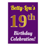 [ Thumbnail: Purple, Faux Gold 19th Birthday Celebration + Name Invitation ]