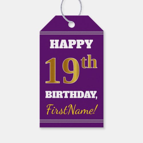 Purple Faux Gold 19th Birthday  Custom Name Gift Tags