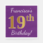 [ Thumbnail: Purple, Faux Gold 19th Birthday + Custom Name Paper Napkin ]