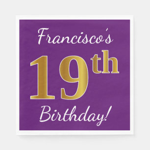 Purple, Faux Gold 19th Birthday + Custom Name Paper Napkins