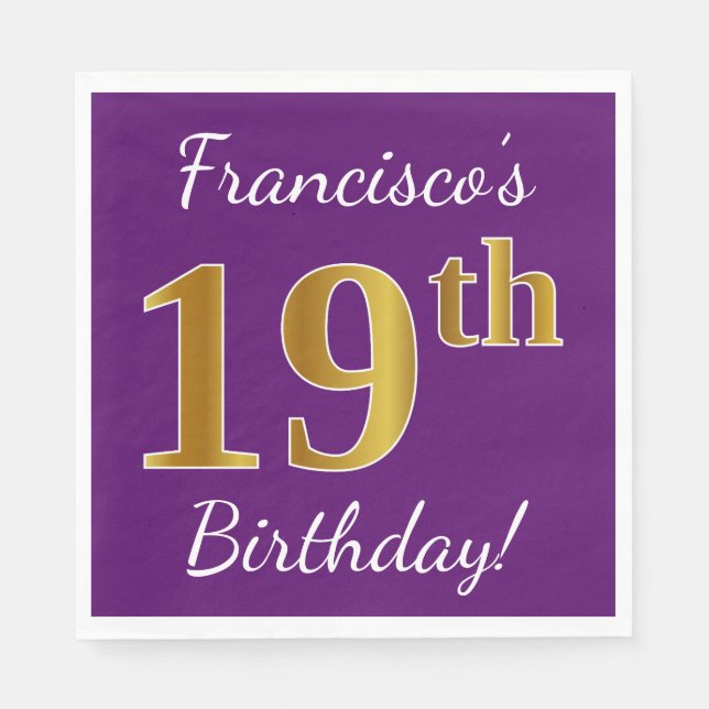 Purple, Faux Gold 19th Birthday + Custom Name Paper Napkins (Front)