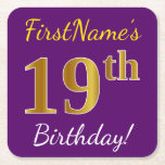 [ Thumbnail: Purple, Faux Gold 19th Birthday + Custom Name Paper Coaster ]