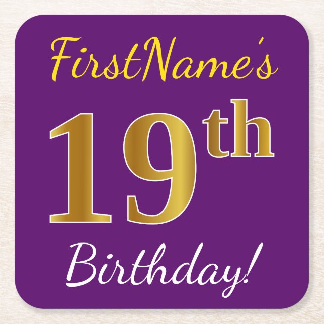 Purple, Faux Gold 19th Birthday + Custom Name Square Paper Coaster (Front)