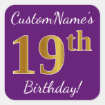 [ Thumbnail: Purple, Faux Gold 19th Birthday + Custom Name Sticker ]