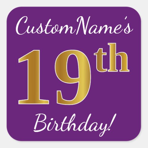 Purple Faux Gold 19th Birthday  Custom Name Square Sticker